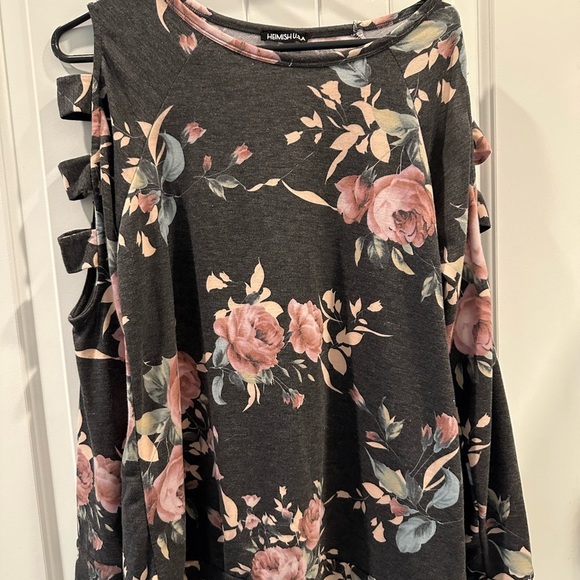 HEIMISH USA Tops - Floral Cold Shoulder Top - Black and Pink